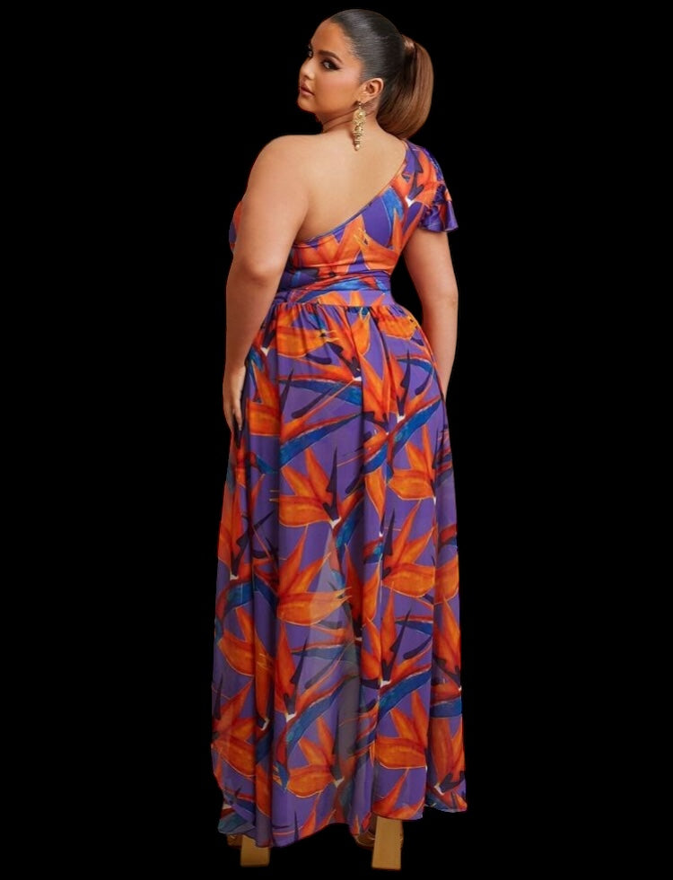 Grown & Sexy Beautiful Plus Size Allover Island Girl Styled Colors Printed One Shoulder High Low Skirt Wrap Sheer Dressy Clothes