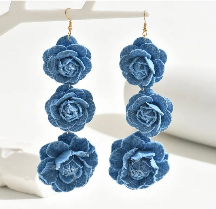 Beautiful Fashionable Triple Denim Flower Blue Jeans Big Flower Earrings for Women Jewelry Accessory