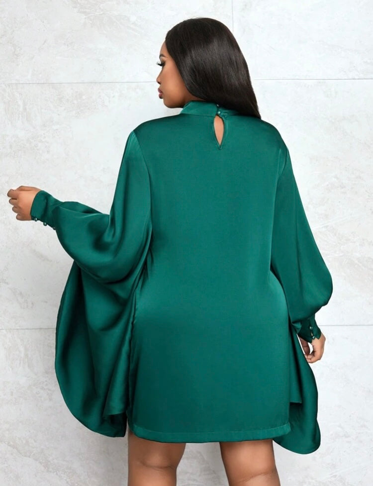 A Very Elegant Party Gathering & Evening Teal Green Collared Long Sleeve Plus Size Mini Dress w Charmeuse Fabric Curvy Wear