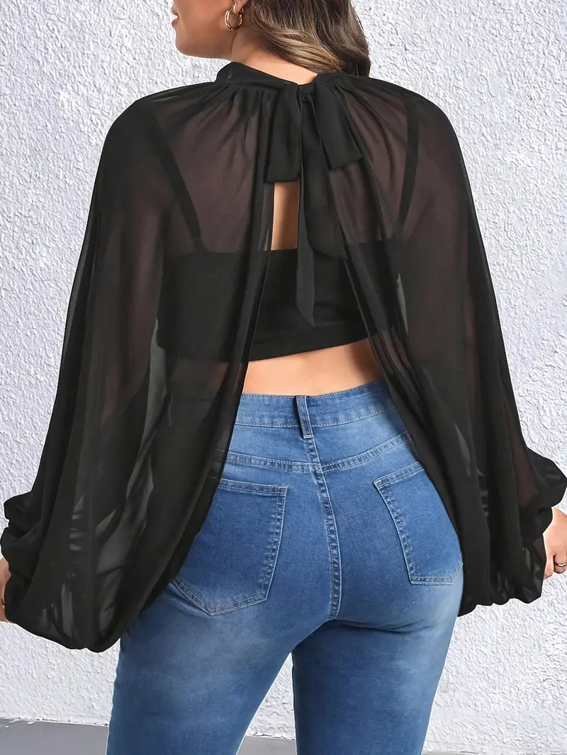 Black Sheer Plus Size Elegant Mock Neck Split Blouse Lantern Sleeve Comfortable Fit for Curvy Women