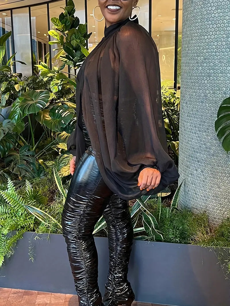 Black Sheer Plus Size Elegant Mock Neck Split Blouse Lantern Sleeve Comfortable Fit for Curvy Women