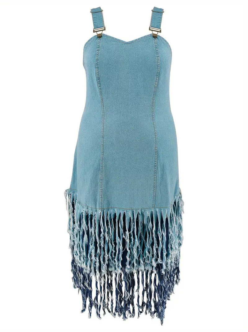 All Fashion Everything Diva Chic Fringe Plain Washed Blue Denim Wash Adjustable Strap Streetwear Dress for Women's Plus Size Clothing