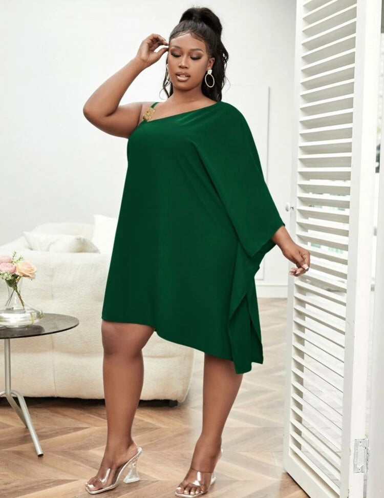 Night Out on the Town Beautiful Green Plus Asymmetrical Neck One Shoulder Off Sleeve Party Formal Dress Women’s Clothing