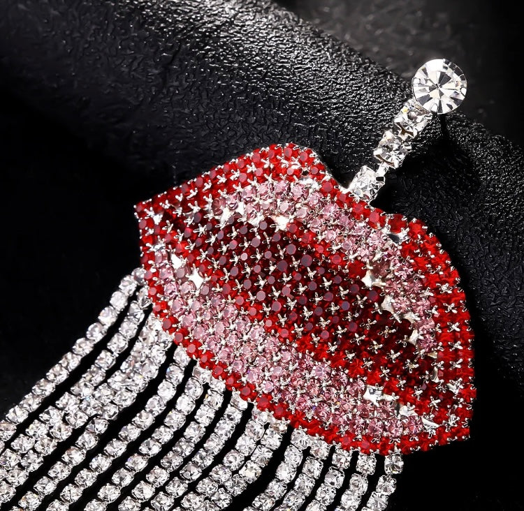 Lips Kiss Glam Luxury Sexy Rhinestone Red Lip Tassel Dangle Earrings for Women Jewelry