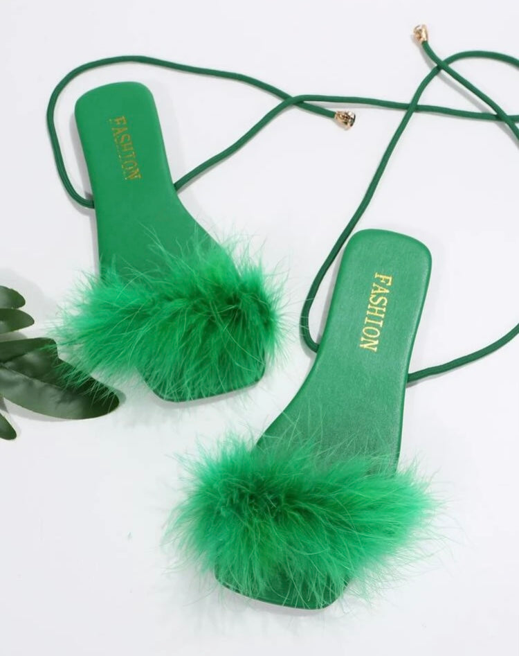 Green Women Fluffy Open Toe Flat Ankle Strappy Sandals Cute Pretty Party Comfy Shoe Sandals
