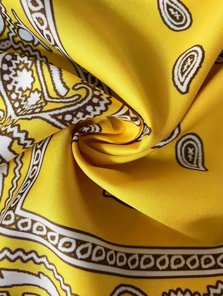 Lovely Yellow Paisley Print Collared Short Sleeve Top & Shorts Set Women's Plus Size Clothing
