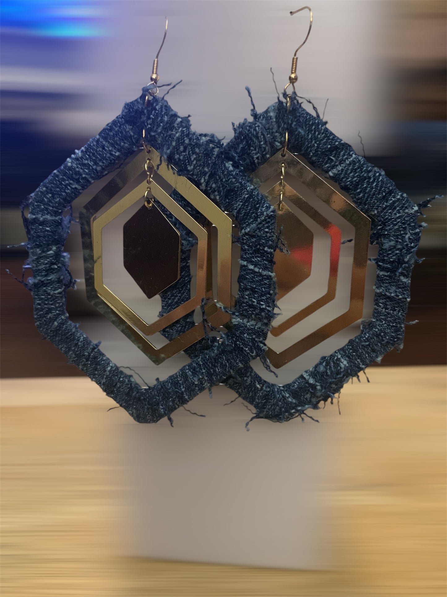 Handmade Fashion Denim Wood Statement Big Hexagon Distressed Earrings Accessories Women's Jewelry