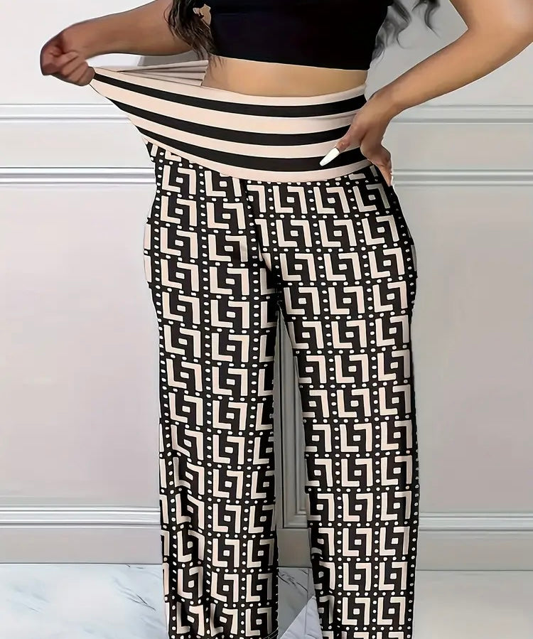 Pretty Print Straight Leg Pants Elastic Waist Pants Women's Plus Size Clothing