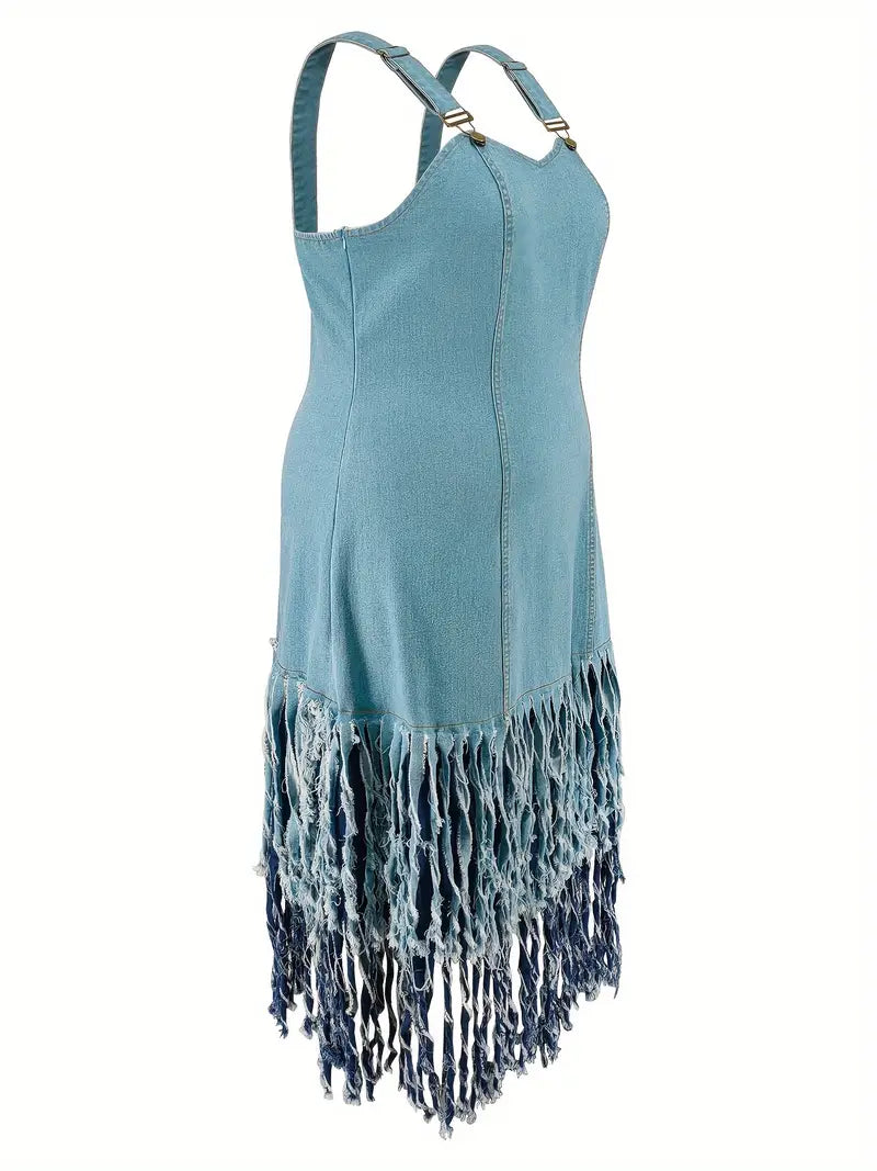 All Fashion Everything Diva Chic Fringe Plain Washed Blue Denim Wash Adjustable Strap Streetwear Dress for Women's Plus Size Clothing