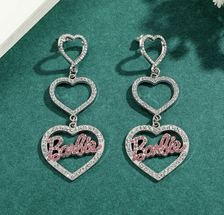 Shimmery Silver Barbie Pink Diamond Triple Heart Crystal Bling Earrings Jewelry Accessories for Girls