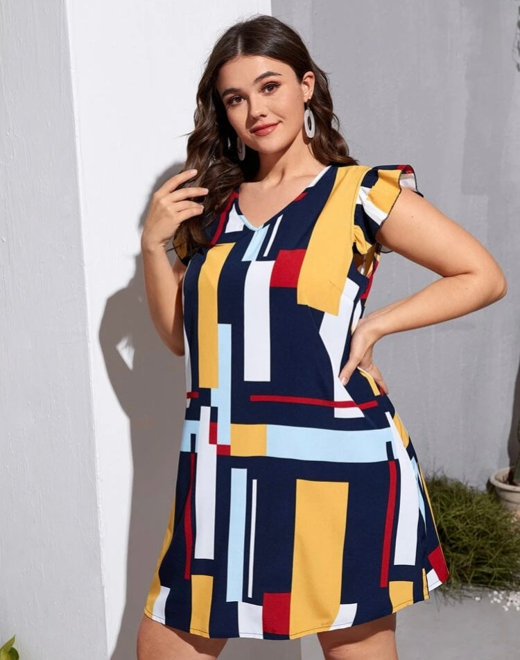 Classy Mix Collection Plus Color Block Geo Print Ruffle Trim SunDress Women’s Wear Clothing