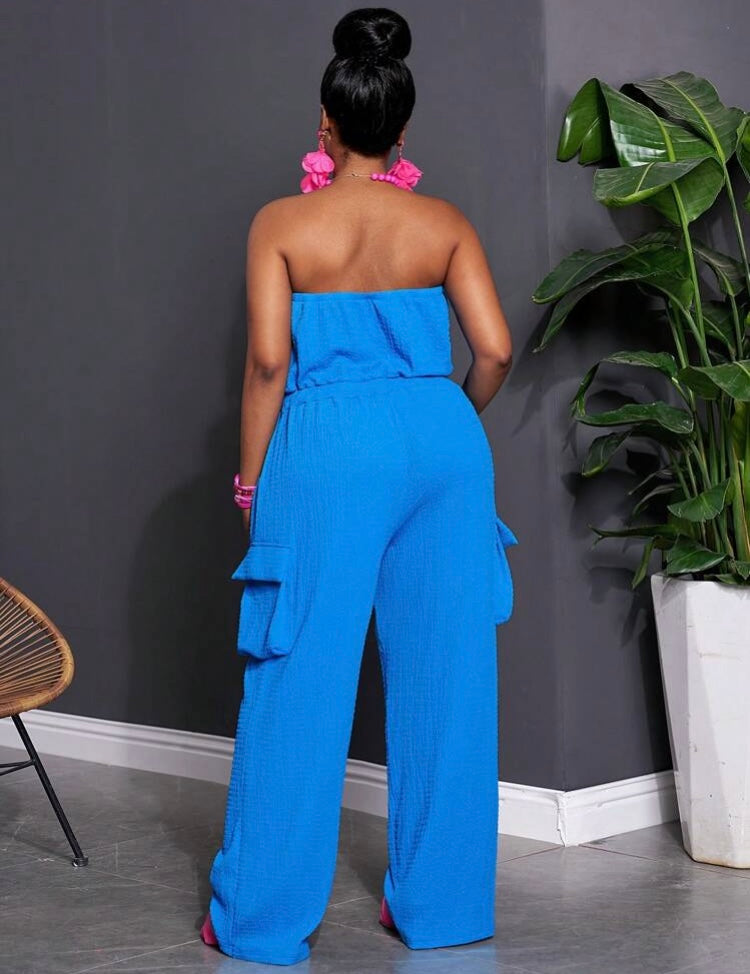 Lady in Blue Spring Summer Casual Plain Color Fitted Haltered Drawstring Waist Straight Leg Jumpsuit Knitted Fabric, Plus Size Curvy Waet