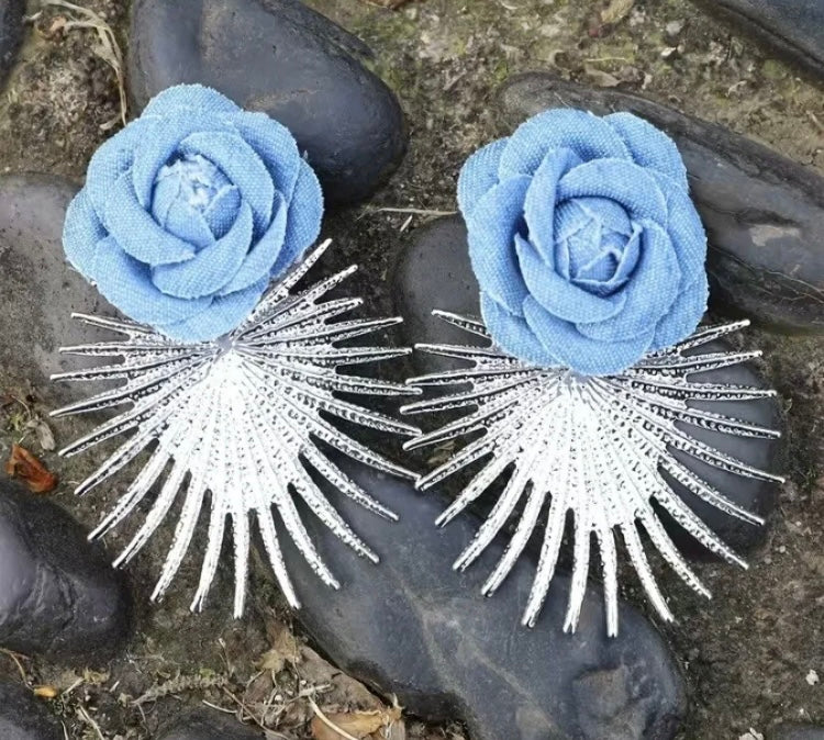 Blue Flower Denim Silver Spike Fashionable Statement Earrings Women’s Accessory