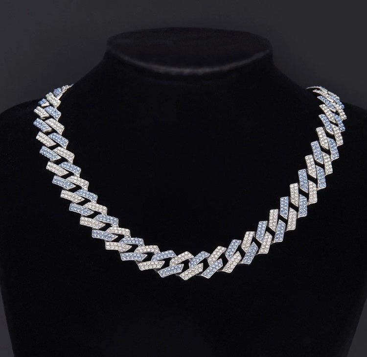 Blue Iced Out Cuban Link Chain Silver Tone Jewelry Rhinestone Bling Statement Unisex Necklace