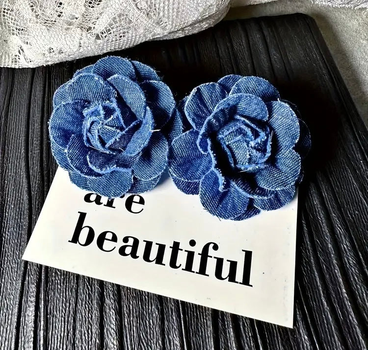 Denim Pretty Stud Handmade Flower Bold Blue Jeans Floral Statement Hot Fashion Ladies Earrings