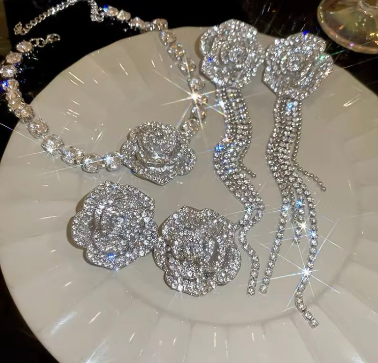 Bling Bling Flower Silver Pendant Shiny Rhinestone Crystal Long Dangling Earrings Jewelry
