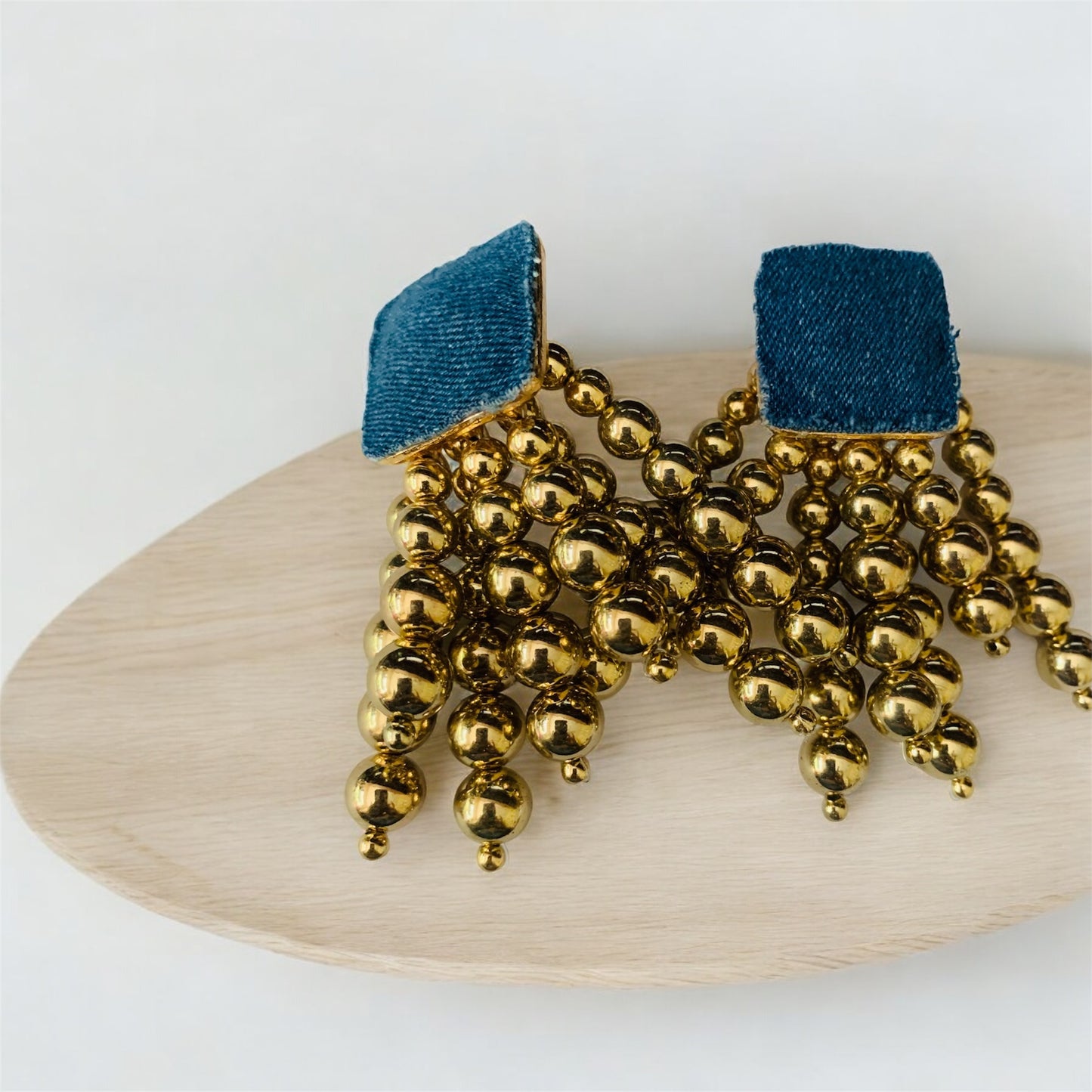 Gold Denim Wooden Round Beaded Chain Drop Earrings High-Quality Fashion Trend Jewelry Accessories