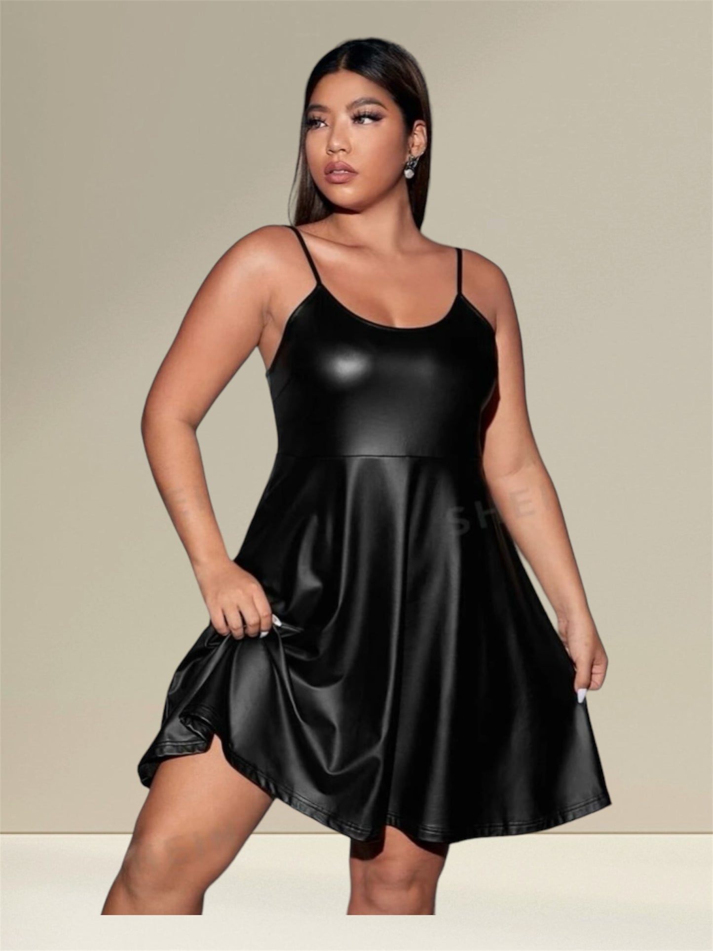 Stunning PU Leather Black Plus Size Flare Hem Sexy Girls Night Out Mini Cami Spaghetti Strap Dress Clothing
