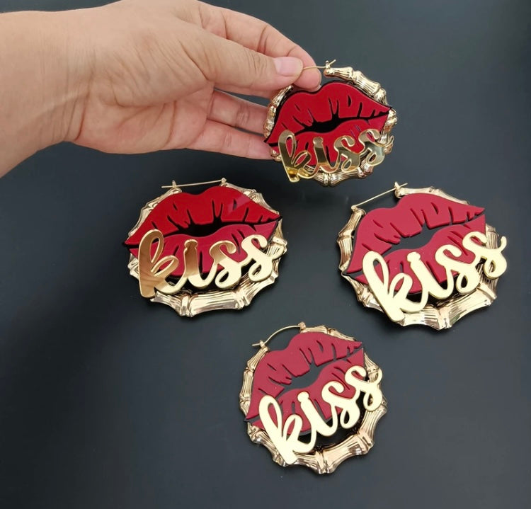 Fashion Red Kiss Sexy Lips Acrylic Women Gold Bamboo Earrings Jewelry