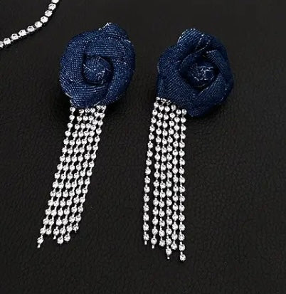 Beautiful Denim Flower Tassel Earrings Light Luxury Design Trendy Fashion Dangle Rhinestone