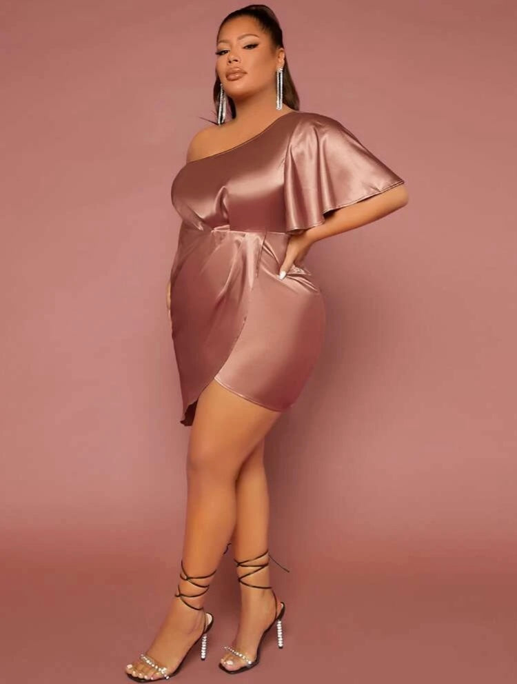 Sheer & Silk Rose Gold Plus One Shoulder Ruched Wrap Mini Formal Wedding Casual Satin Dress Clothes