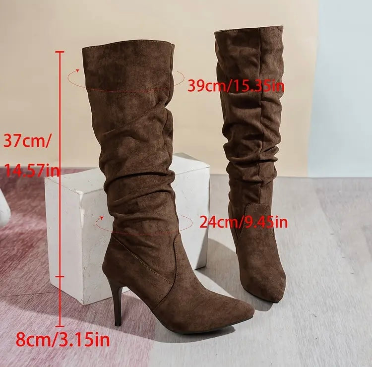 Very Stylish Brown Gurl Suede Women's High Heel Mid-Calf Pointed Toe Boots Perfect for All Seasons