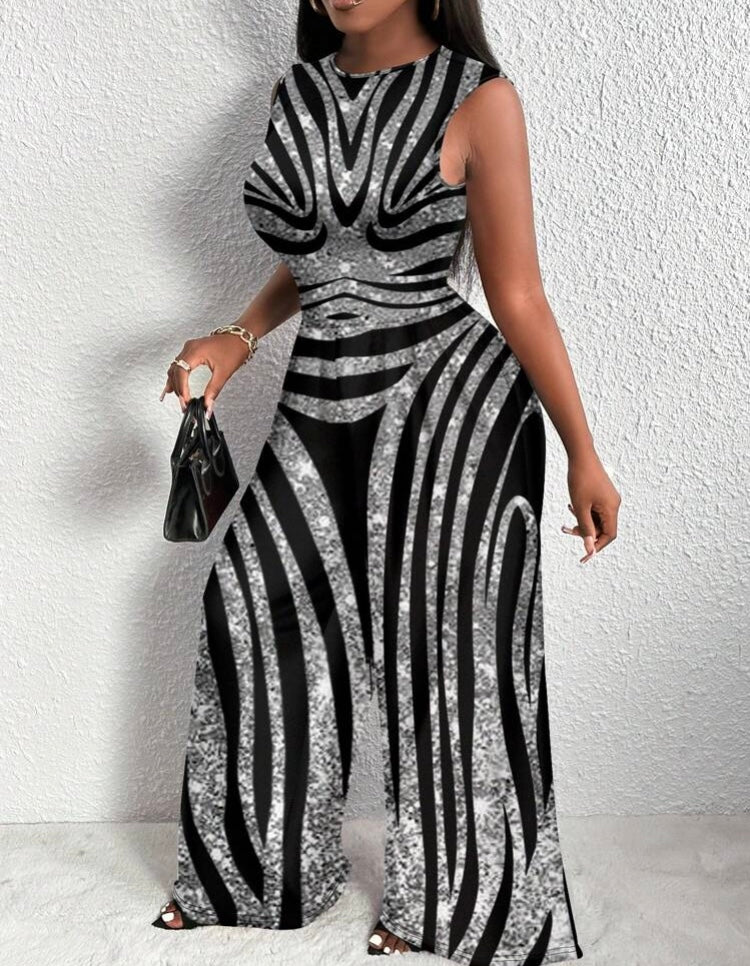 Slay All Day Plus Size Black Sleeveless Mix Pattern Cute & Simple Casual Pants Jumpsuit