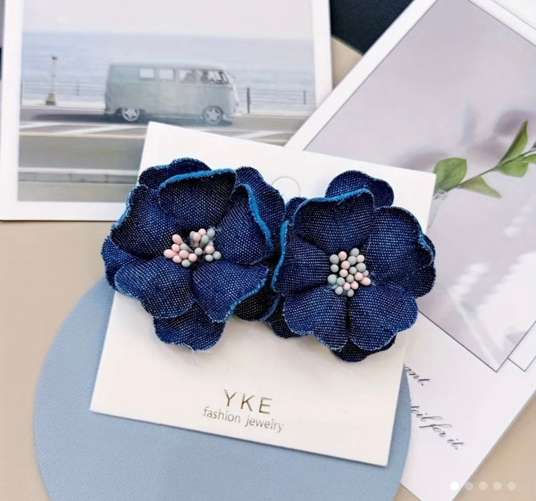 Denim Pretty Stud Handmade Flower Blue Jeans Floral Statement Hot Fashion Ladies Earrings
