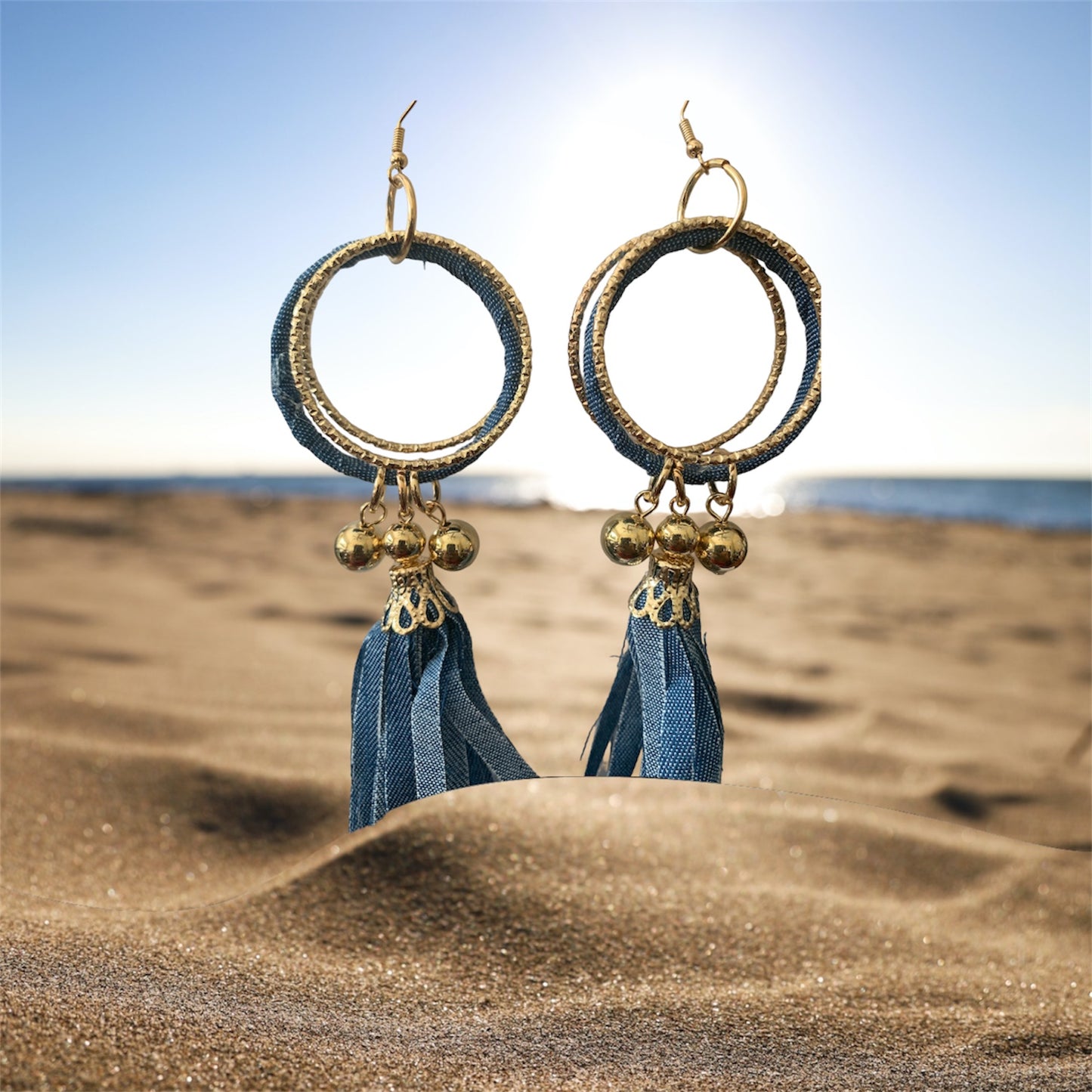 Fashion High Demand Denim Gold Long Earrings Handmade Accessories by T’s w ♥️