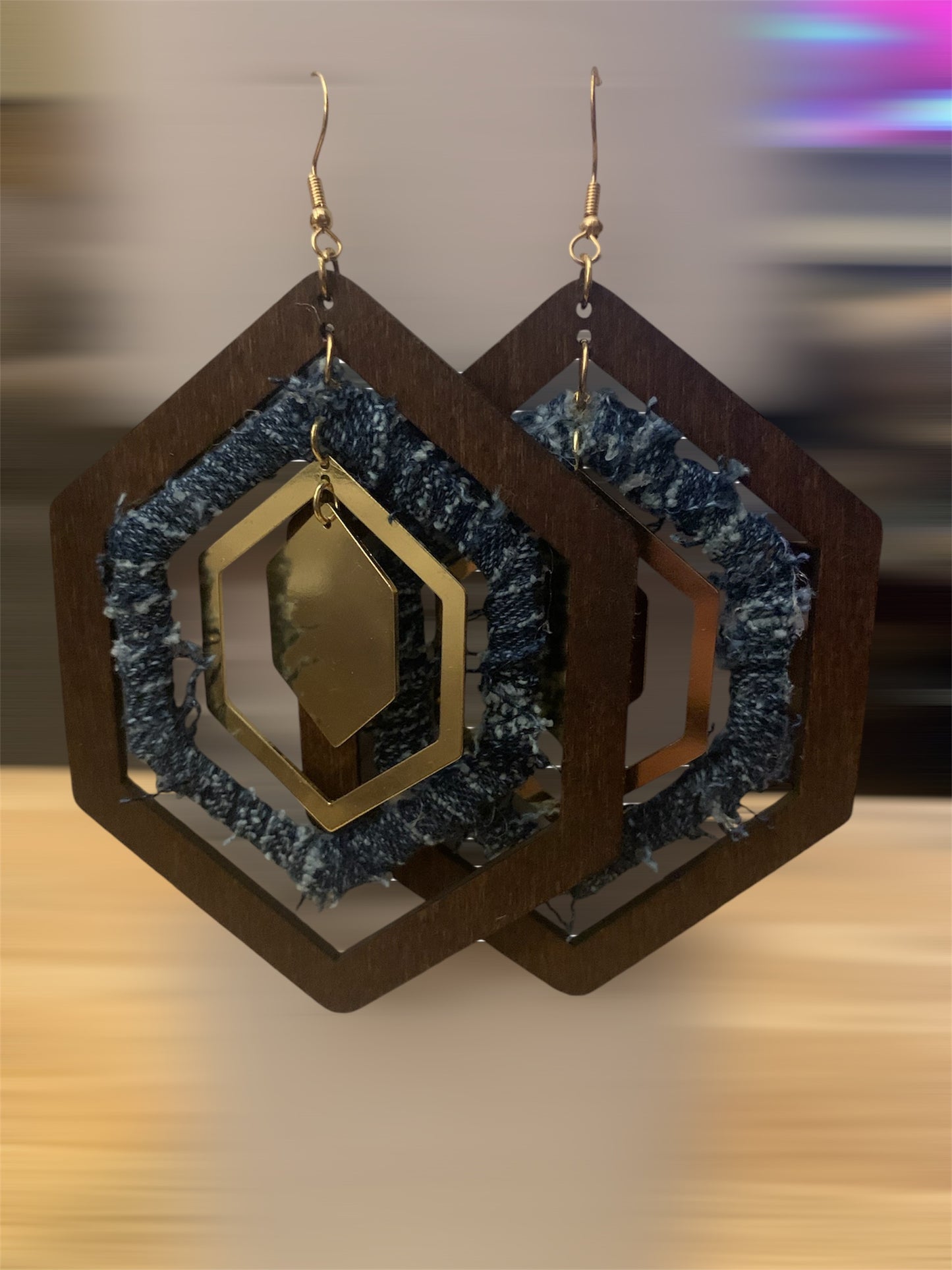 Handmade Fashion Denim Wood Statement Big Hexagon Distressed Earrings Accessories Women's Jewelry
