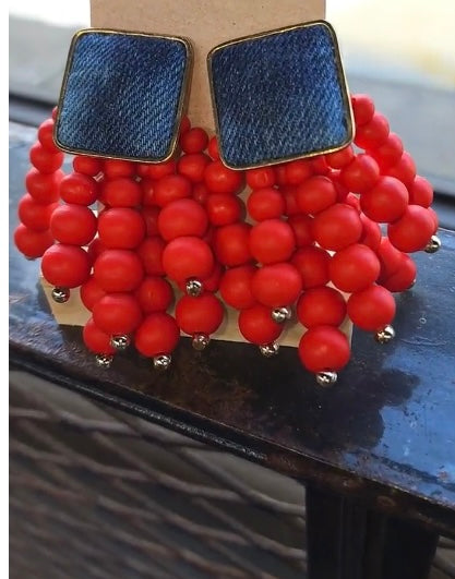 Red Denim Wooden Round Beaded Chain Drop Earrings High-Quality Fashion Trend Jewelry Accessories