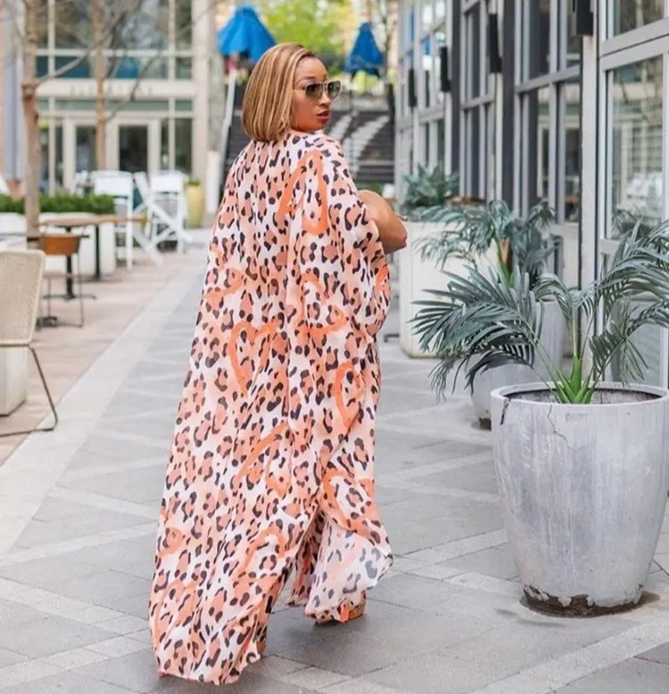 Orange Lover’s Plus Size Elegant Outfits Set Women's w Leopard & Heart Print Batwing Sleeve V Neck Split Hem Longline Top & Pants Outfit Two Piece Set Wear