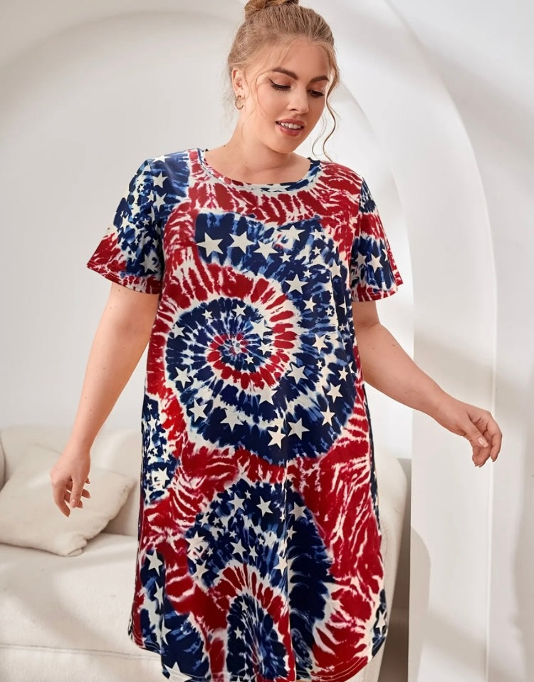 Red White Blue Plus Size Independence Day Loungewear Dress Women's Plus Tie Dye Star & Flag Print Short Sleeve Comfort Wear Dress Clothes