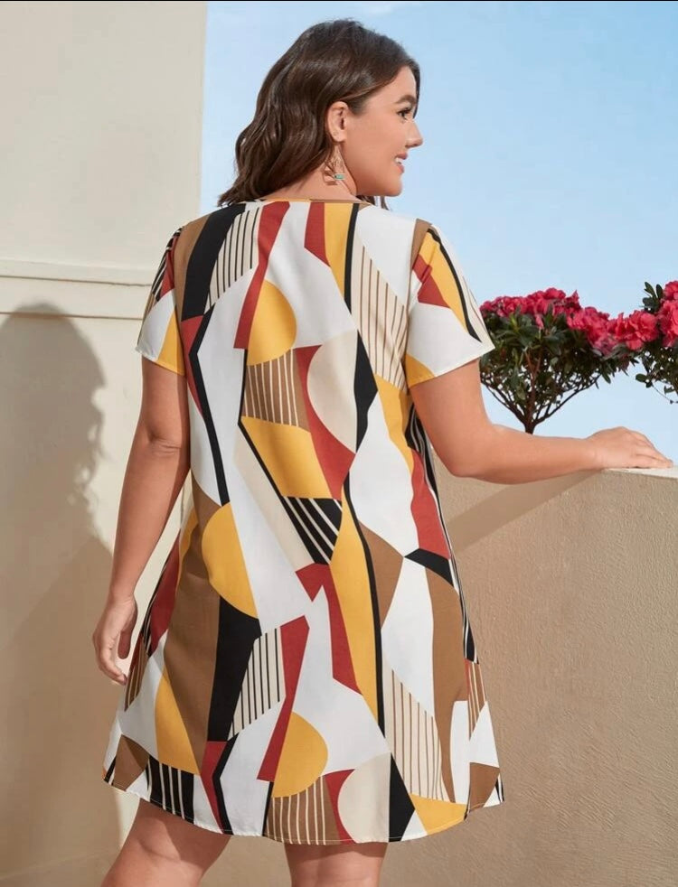 Sassy Spring Warm Beach Styled Plus Striped & Geo Print Tunic Mini Dress Wear Casual Clothes