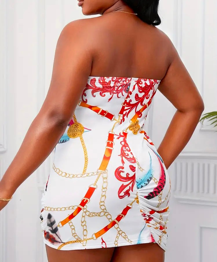 Cute Stylish White Multi Colored Halter Plus-Size Off-Shoulder Dress for Women Perfect for Various Summer Occasions.