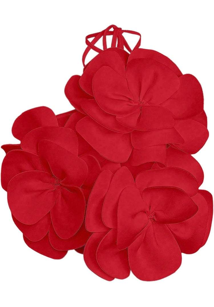 Red Rose Women's 3D Flower Backless Halter Cami Top Sleeveless Camisole Crop Summer Blouse