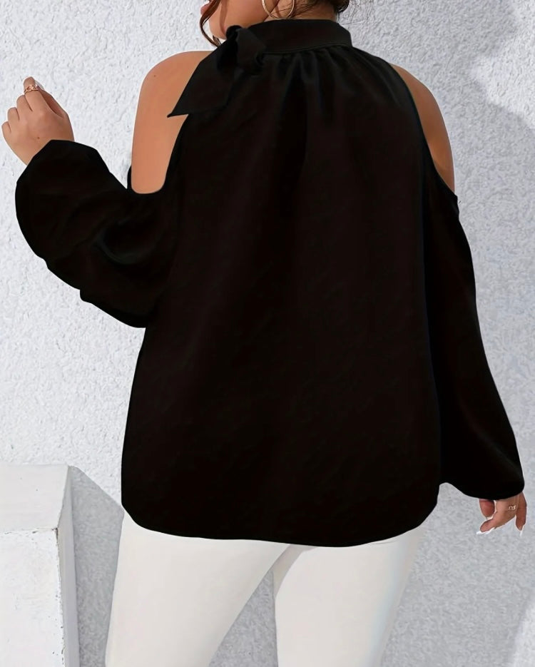 Elegance at it’s Best Women's Black Party Plus Size Solid Faux Pearl Decor Lantern Long Sleeve Mock Neck Shirt Blouse Top Clothing
