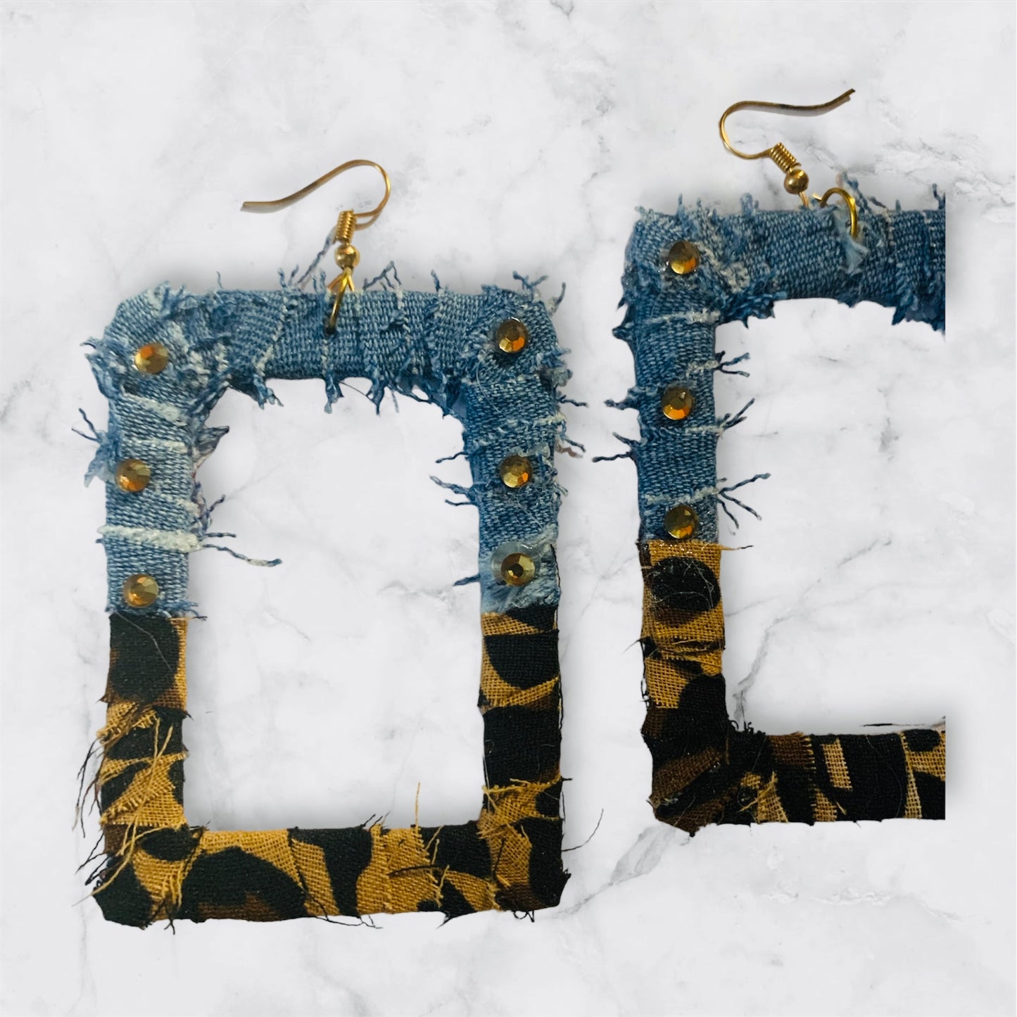 Fashion Chic Statement Cheetah Leopard Denim Distressed Customized Earrings Jewelry