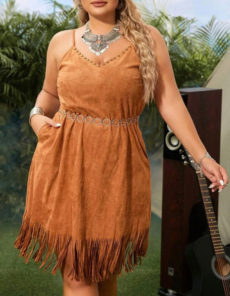 Cowgirl Burnt Orange Western Styled Plus Fringe Faux Suede Cami Dress w/o Belt Ladies Rodeo Wear Clothing