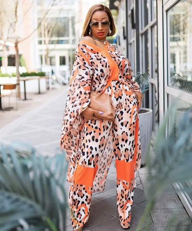 Orange Lover’s Plus Size Elegant Outfits Set Women's w Leopard & Heart Print Batwing Sleeve V Neck Split Hem Longline Top & Pants Outfit Two Piece Set Wear