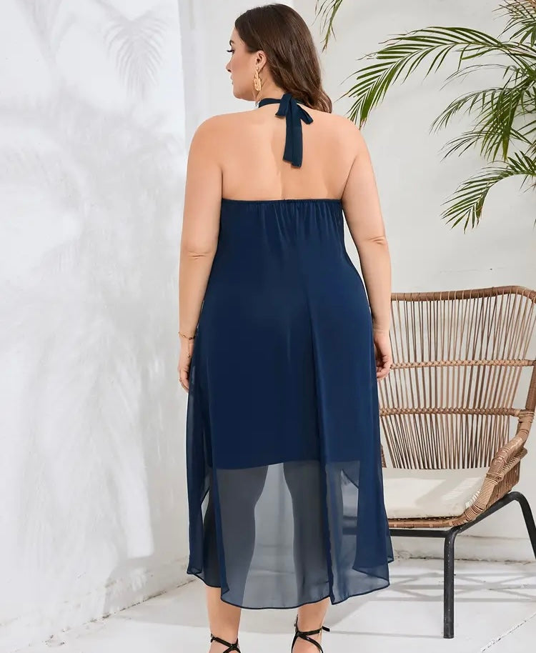 Gorgeous Blue Sequin Halter Neck Dress Casual Sleeveless Midi Dress Women's Plus Size Clothing