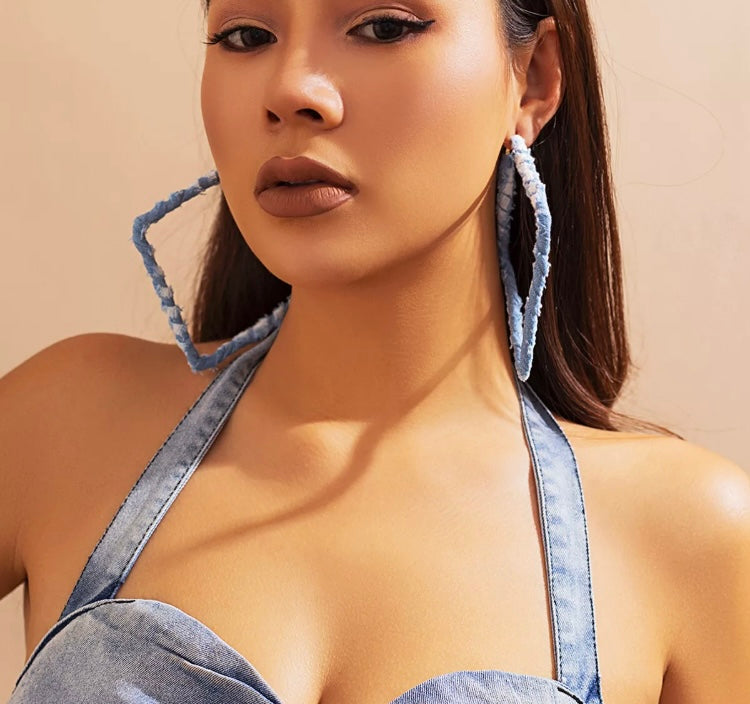 Light Denim & Fashion Print Fabric Wrapped Square Hoop Earrings for Women Accessories