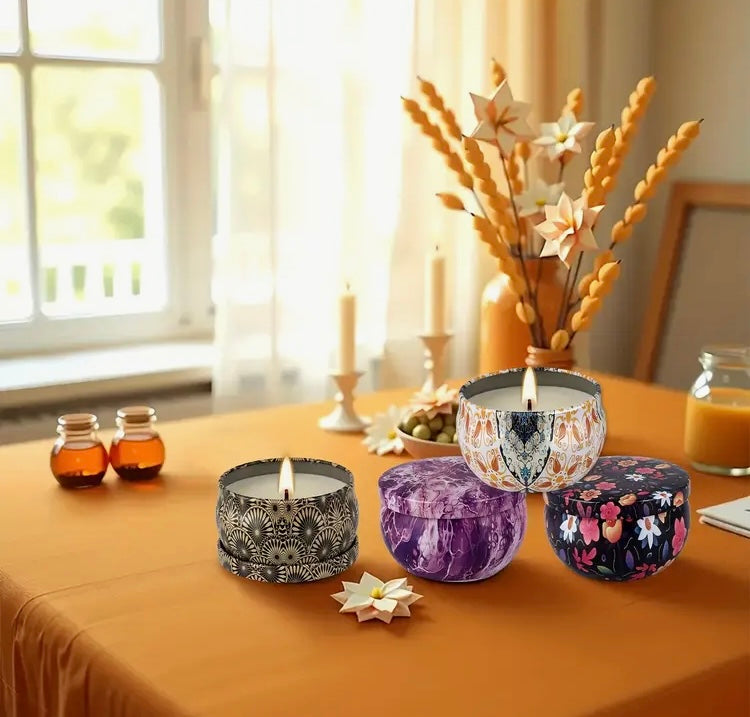 Fragrance Scented Handmade Soy Wax Small Candles w Round Metal Lid Container and Glitter Accents