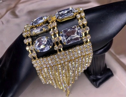 Elegant Rhinestone Big Square Long Tassel Hand Chain Wrist Bracelet for Women Crystal Bangle Jewelry