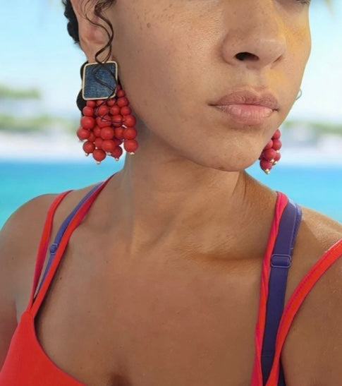 Red Denim Wooden Round Beaded Chain Drop Earrings High-Quality Fashion Trend Jewelry Accessories