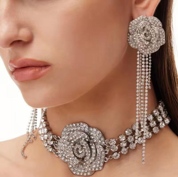 Bling Bling Flower Silver Pendant Shiny Rhinestone Crystal Long Dangling Earrings Jewelry