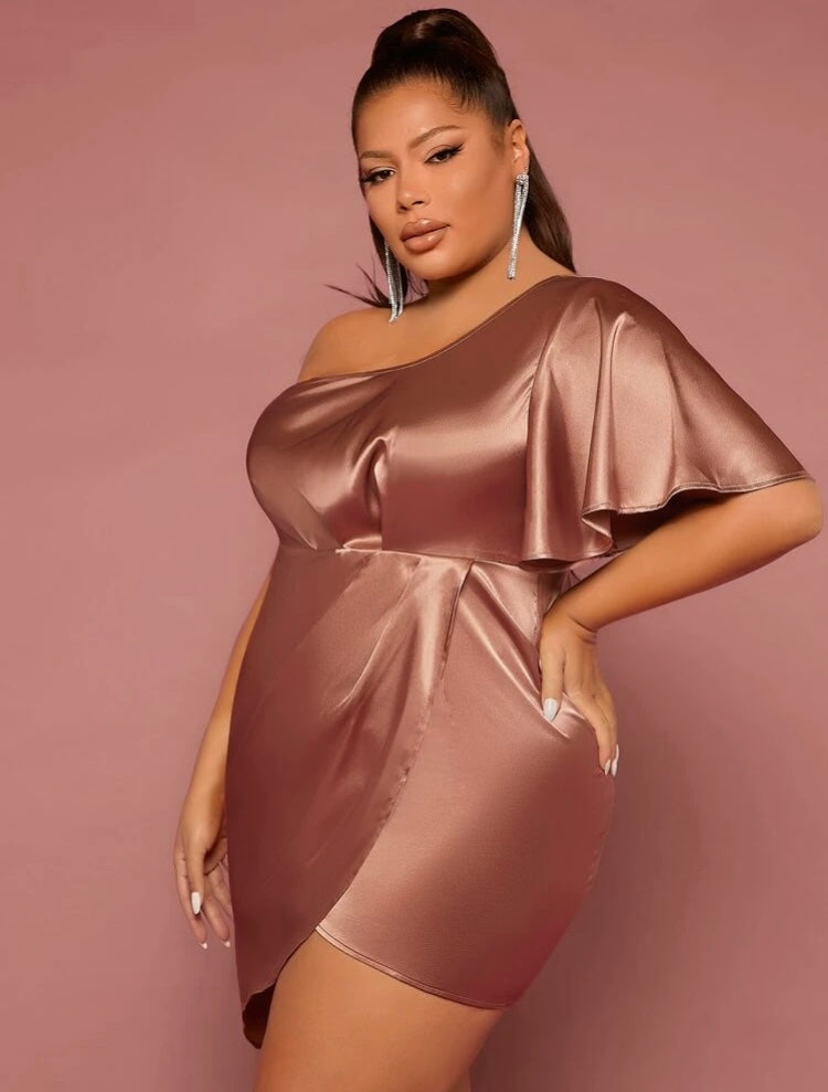 Sheer & Silk Rose Gold Plus One Shoulder Ruched Wrap Mini Formal Wedding Casual Satin Dress Clothes