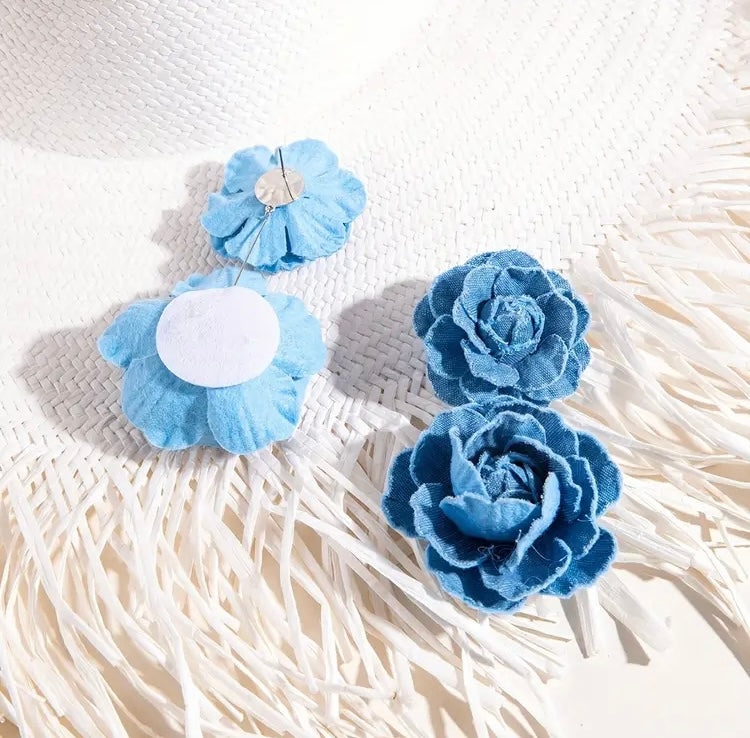 Elegant Big Denim Floral Rose Drop Earrings for Women Stylish Flower Design Accessories