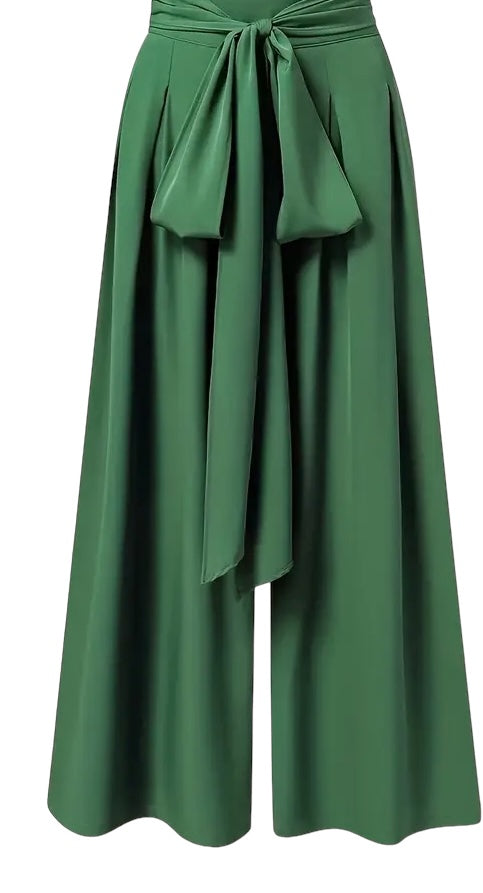 Beautiful Green Color Tie Waist Pants Casual Wide Leg Pants Women's Plus Size Clothing