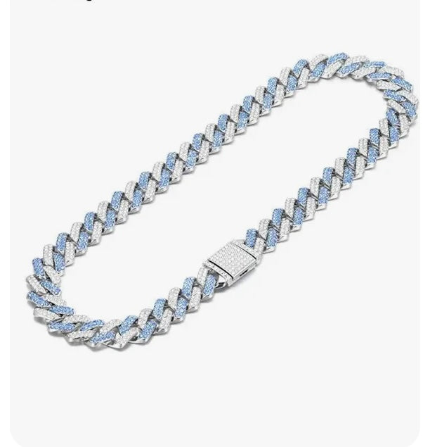 Blue Iced Out Cuban Link Chain Silver Tone Jewelry Rhinestone Bling Statement Unisex Necklace